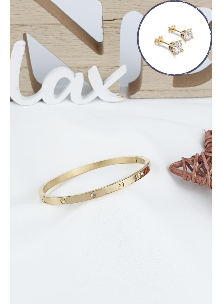 ÇLK Accessories - Çelik Kelepçe Taşlı İnce Bileklik (316 Steel) Zirkon Taşlı Küpe HediyeliB500 - Image 1