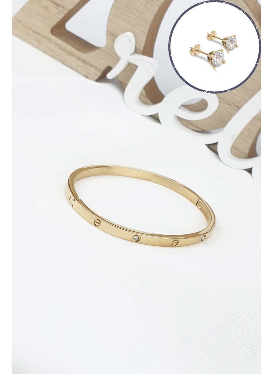 ÇLK Accessories - Çelik Kelepçe Taşlı İnce Bileklik (316 Steel) Zirkon Taşlı Küpe HediyeliB500 - Image 1