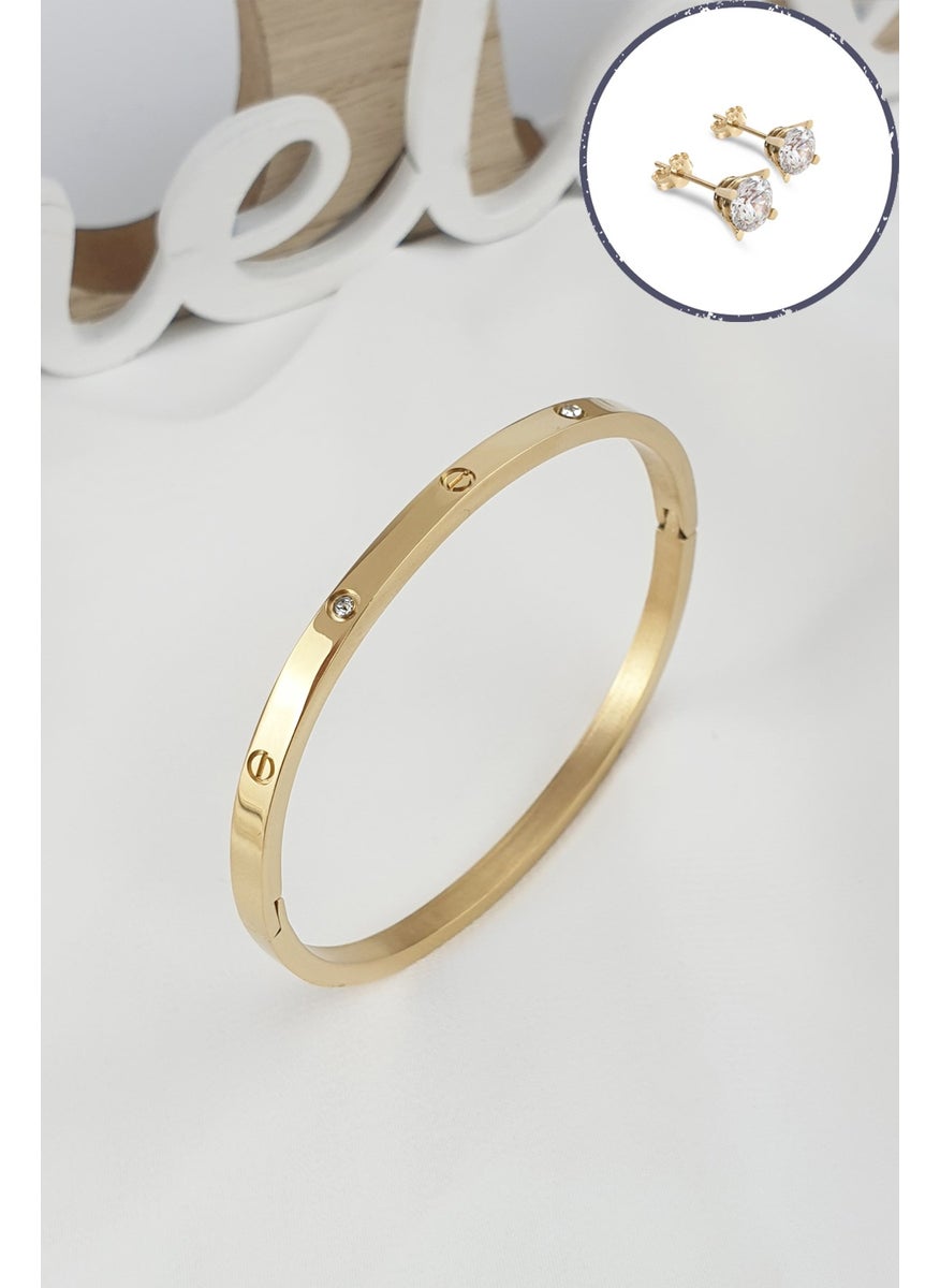 ÇLK Accessories - Çelik Kelepçe Taşlı İnce Bileklik (316 Steel) Zirkon Taşlı Küpe HediyeliB500 - Image 1