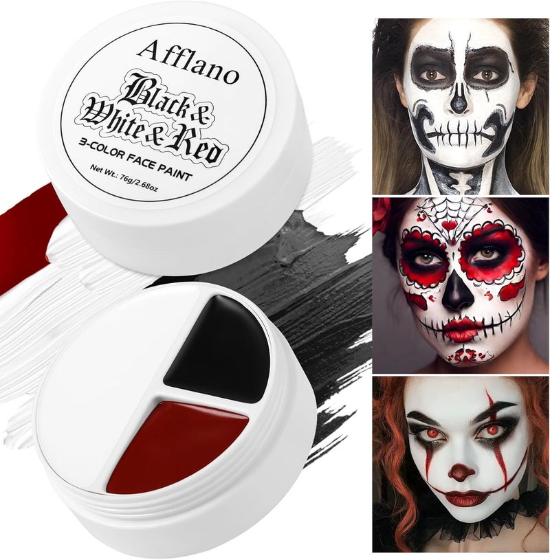 Afflano Halloween Face Paint White Black Red Clown Mime white Face Makeup Red Black White Body Paint for Party Theatre SFX Joker Zombie Vampire Skeleton Costume Full Coverage Non Toxic Body Painting