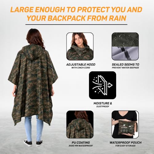 ROCKSPORT Unisex Pu Standard Length Outdoor Rain Poncho,Multi Use, Waterproof, Lightweight, Reusable & Packable, One Size Fits Most (Free Size, Camo) - Image 3
