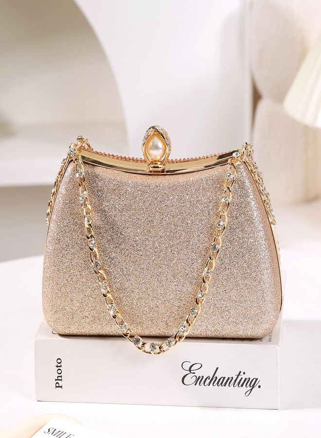 Dreubea Womens Fashion Rhinestone Evening Handbag with Chain Shiny Tote Clutch Bag Champagne - Image 5