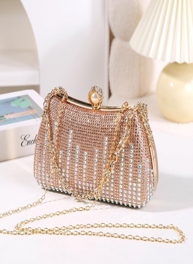 Dreubea Womens Fashion Rhinestone Evening Handbag with Chain Shiny Tote Clutch Bag Champagne - Image 4