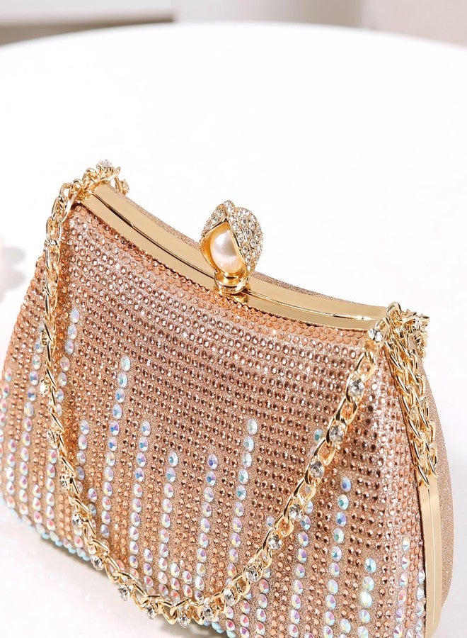 Dreubea Womens Fashion Rhinestone Evening Handbag with Chain Shiny Tote Clutch Bag Champagne - Image 3