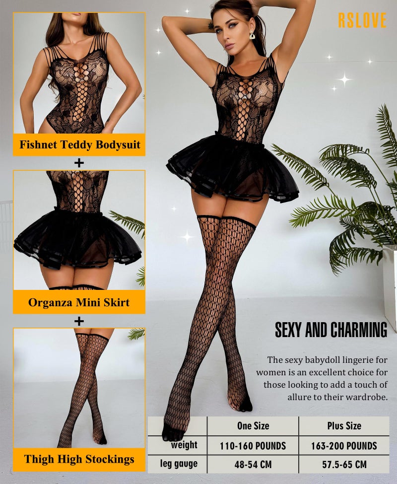 RSLOVE Sexy Babydoll Lingerie - 3 Piece Exotic Lingerie Sets Fishnet Teddy Bodysuit with Thigh High Stockings and Mini Skirt Black One Size - Image 4