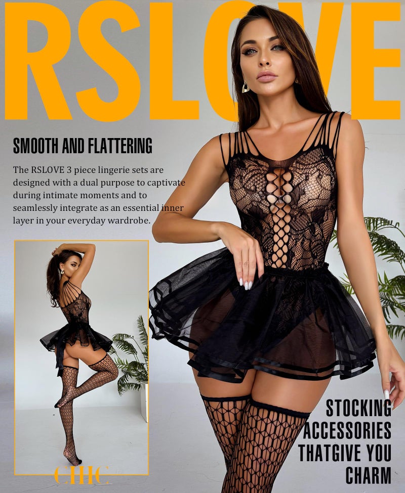RSLOVE Sexy Babydoll Lingerie - 3 Piece Exotic Lingerie Sets Fishnet Teddy Bodysuit with Thigh High Stockings and Mini Skirt Black One Size - Image 2