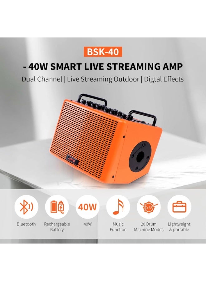 جويو مضخم جيتار أكوستيك بلوتوث قابل للشحن بقدرة 40 واط مع إيقاعات طبل وتأثيرات صوتية ريفيرب وكورَس ودِلاي وقناة ميكروفون للبث المباشر والعروض الخارجية BSK-40 - Image 2