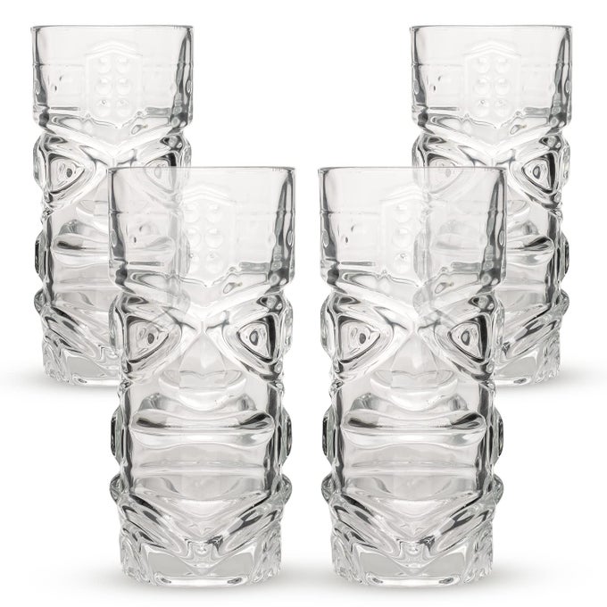 PACK OF 4 TIKI BAR COCKTAIL GLASSES TALL TUMBLERS IDEAL FOR HAWAIIAN PARTY RUM BASED MIXED COCKTAIL DRINK MAI TAI LONG ISLAND ICED TEA OR ZOMBIE COCKTAILS CLEAR 450ML SET OF 4