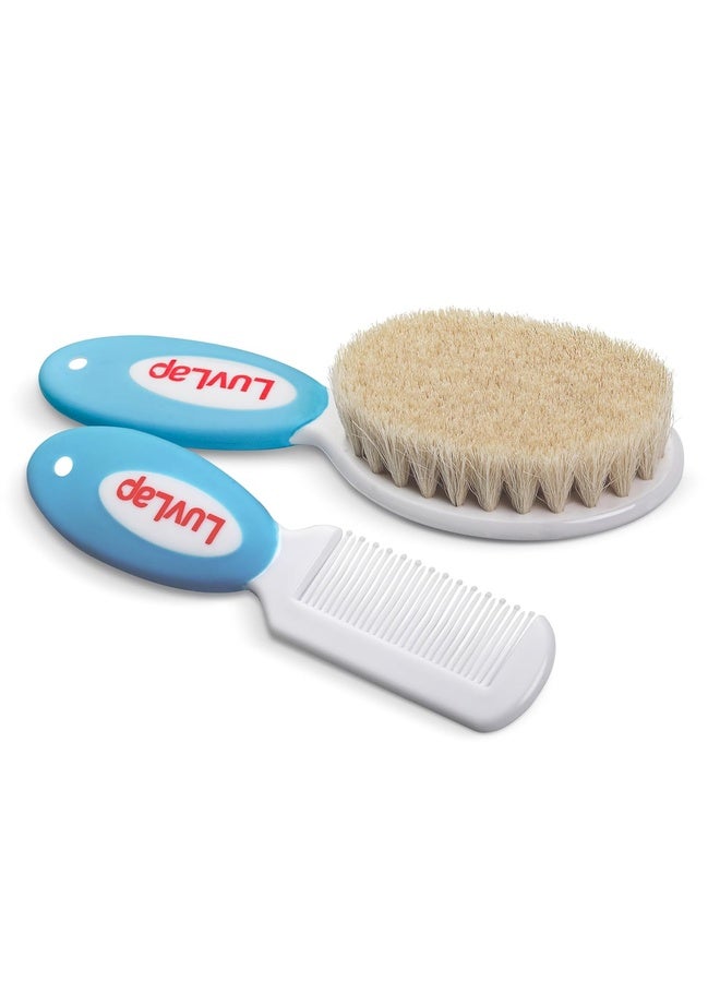 Luvlap Baby Comb with Rounded Tip & Baby Hair Brush with Natural Bristles for Baby Hair Grooming & Better Protection of Baby's Scalp (White & Blue) - Image 1