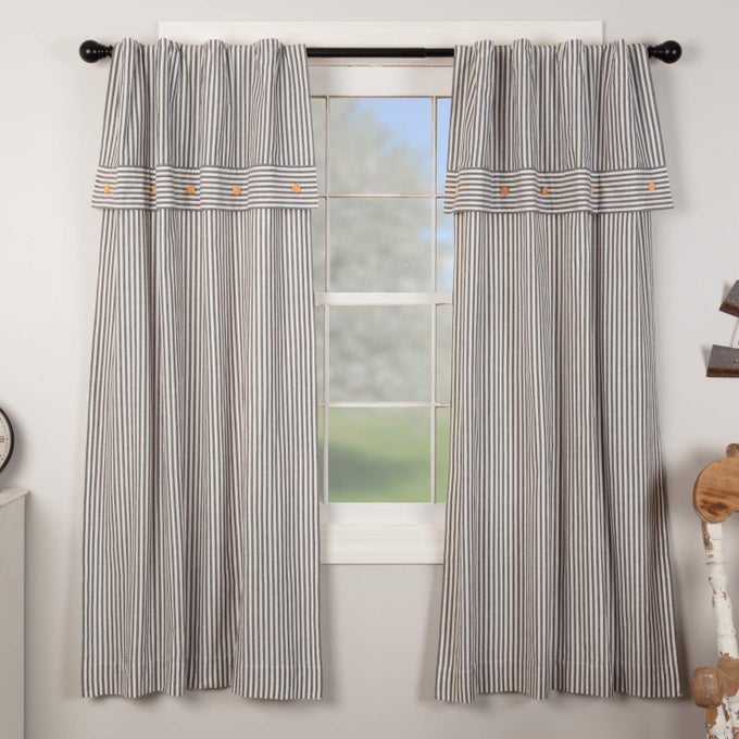 FARMHOUSE TICKING STRIPE GRAY PANEL CURTAINS SET OF 2 63 LONG FARMHOUSE STYLE PANELS WATTACHED VALANCE BUTTON ACCENTS