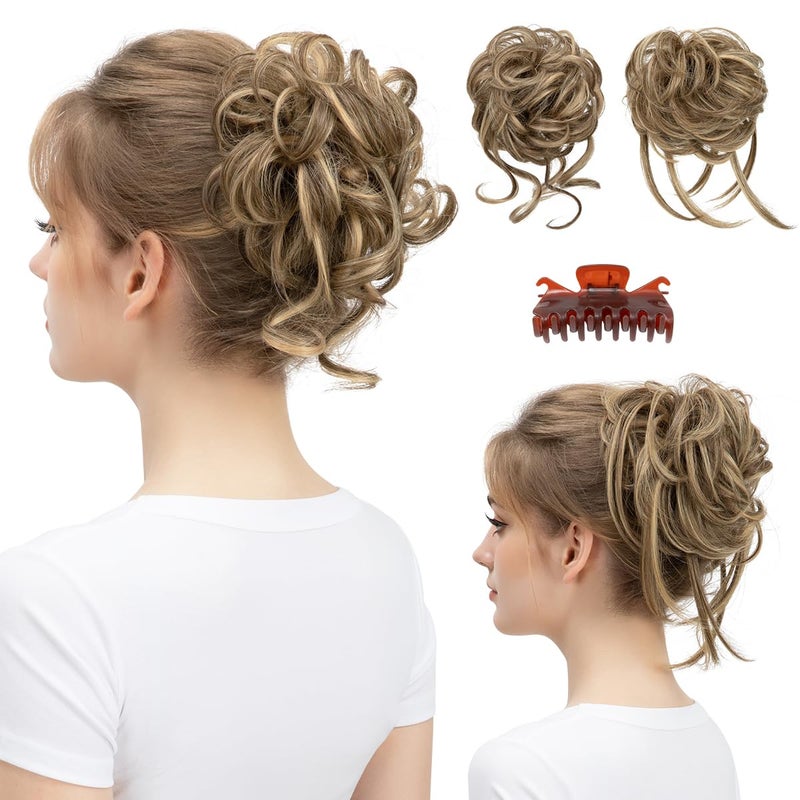 SARLA 2PCS Messy Bun Hair Pieces Detachable Claw Clip Wavy Curly Synthetic Hairpieces Fake Scrunchies Updo Ponytail Extension for Women Bernstein