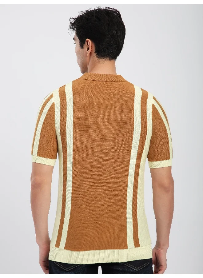 بيونغ Maple Orange Vertical Striped Flat Knit Polo T-Shirt For Men