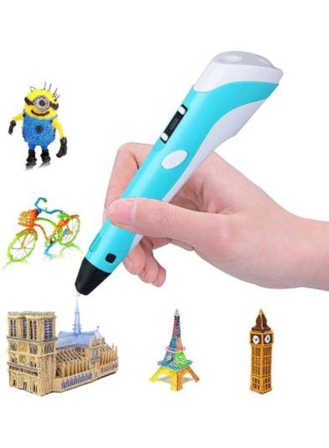 3D Pen Printer Make your Child a Creative Person, Digital Display To Adjust Temperature and Speed PLA Filament USB Charging Gifts For Kids (Blue)