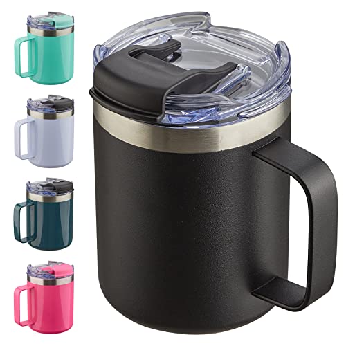 ALOUFEA 12oz Insulated Coffee Mug Cup with Handle, Stainless Steel Travel Coffee Mug with Flip Lid, Double Wall Vacuum Coffee Tumbler, Black - Image 1