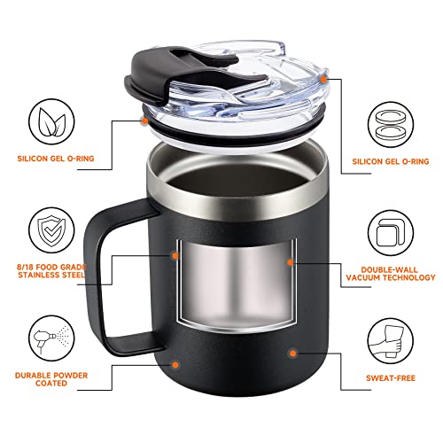 ALOUFEA 12oz Insulated Coffee Mug Cup with Handle, Stainless Steel Travel Coffee Mug with Flip Lid, Double Wall Vacuum Coffee Tumbler, Black - Image 4
