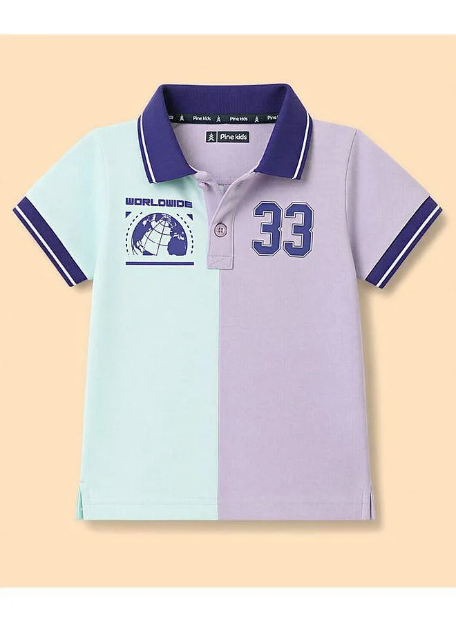 Pine Kids Pine Kids Cotton Knit Polo Neck Half Sleeves T-Shirt with Graphic Print - Blue/Purple