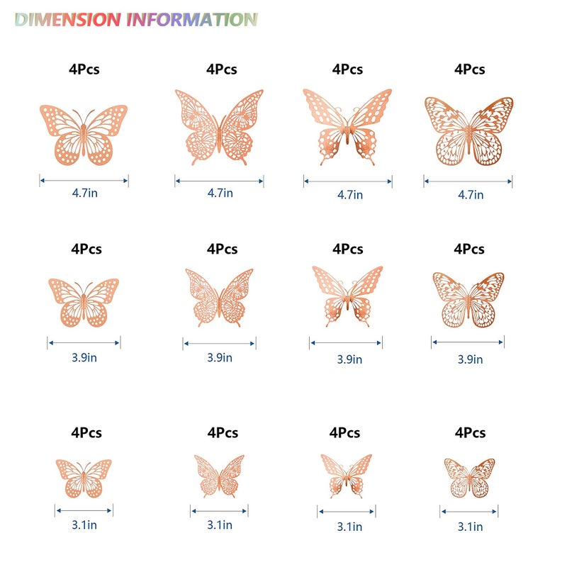 SAOROPEB 3D Butterfly Wall Decor, 48 Pcs 4 Styles 3 Sizes, Removable Metallic Wall Sticker Room Mural Decals for Kids Bedroom Nursery Classroom Party Decoration Wedding Decor DIY Gift (Rose Gold) - Image 5