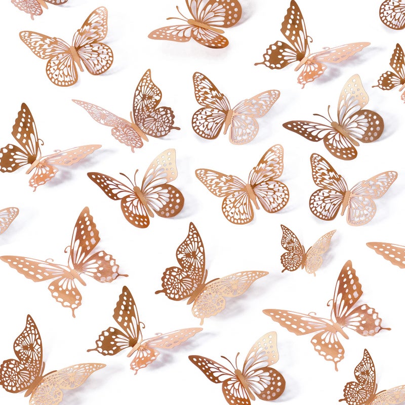 SAOROPEB 3D Butterfly Wall Decor, 48 Pcs 4 Styles 3 Sizes, Removable Metallic Wall Sticker Room Mural Decals for Kids Bedroom Nursery Classroom Party Decoration Wedding Decor DIY Gift (Rose Gold) - Image 1