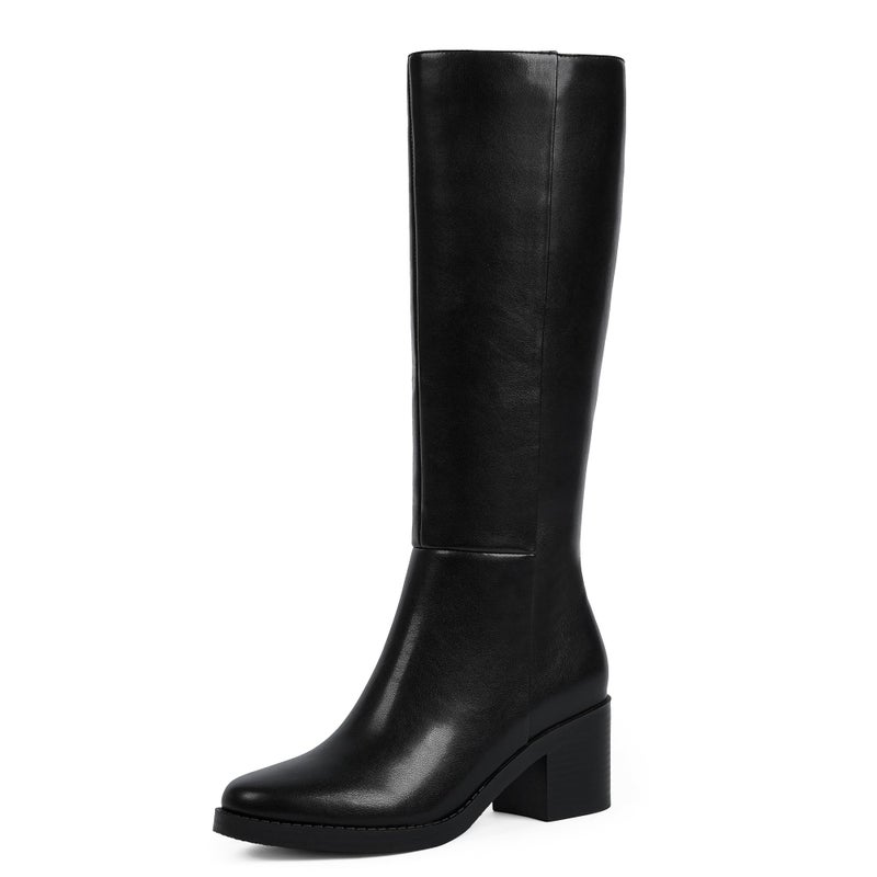 Easyfox Black Boots for Women Low Heeled Leather Knee High Boots Chunky Heel Tall Long Boot Round Toe Dress Block Heel Calf High Boot 2025 Size 8 - Image 1