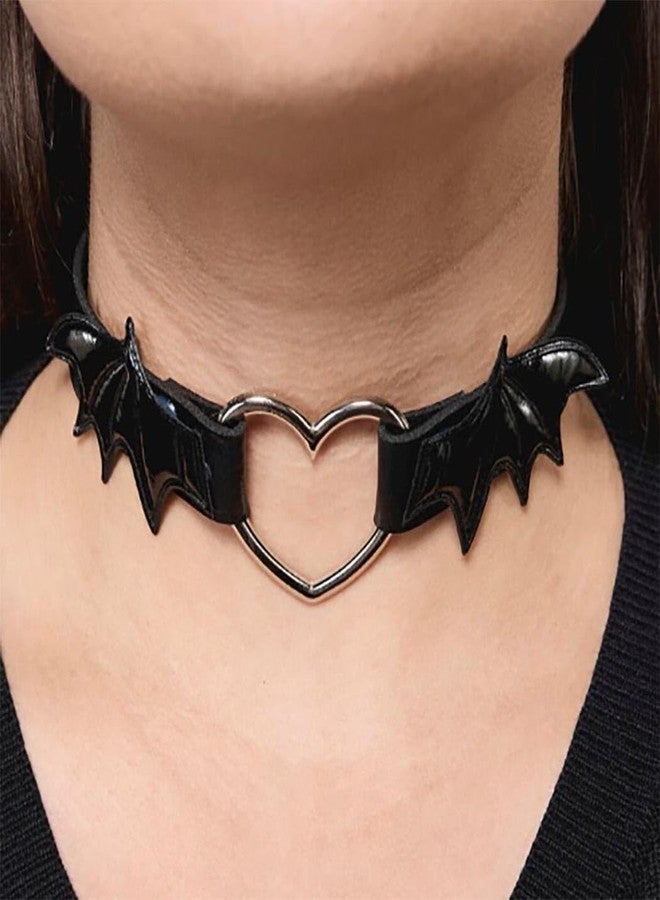 Obmyec Black Bat Leather Choker Punk Short Collar Chain Heart Choker Necklace Gothic Collar Chain Party Neck Jewelry for Women - Image 5