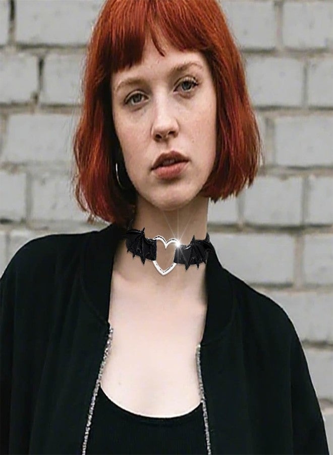 Obmyec Black Bat Leather Choker Punk Short Collar Chain Heart Choker Necklace Gothic Collar Chain Party Neck Jewelry for Women - Image 3