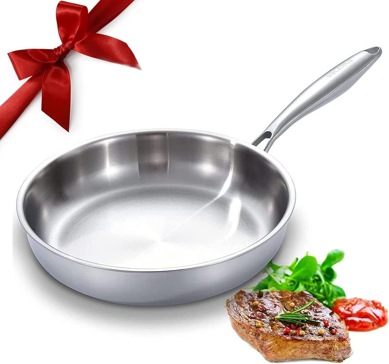 DELARLO Tri-Ply Stainless Steel Pan, 18/10 Frying Pan, Oven Safe Up to 600°F, Nontoxic Cookware, Compatible with All Cooktops Skillet, Durable, Fast Even Heat Fry Pan,12.5 inch Steel Frying Pan - Image 1