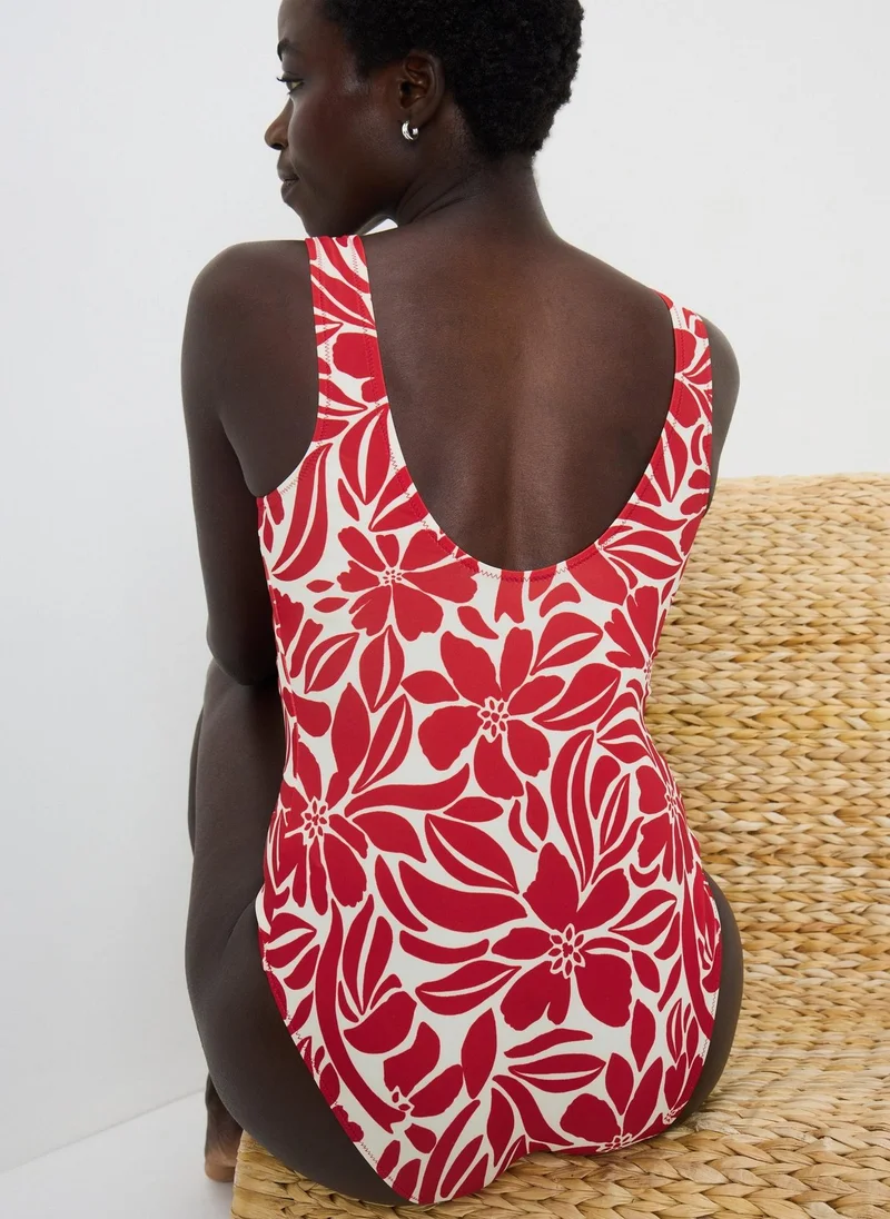ماتلان بدلة سباحة مربعة الرقبة بطبعة زهور حمراء