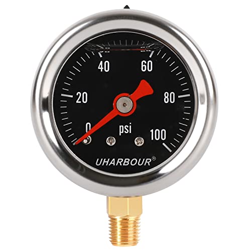 UHARBOUR Glycerin Filled Pressure Gauge with 304 Stainless Steel Case, 1-1/2" Black Dial, 0-100Psi, High Accuracy, 1/8" NPT Center Bottom Mount…… - Image 3