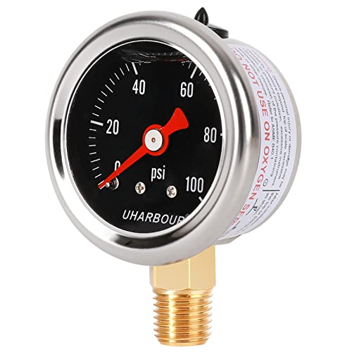 UHARBOUR Glycerin Filled Pressure Gauge with 304 Stainless Steel Case, 1-1/2" Black Dial, 0-100Psi, High Accuracy, 1/8" NPT Center Bottom Mount…… - Image 1