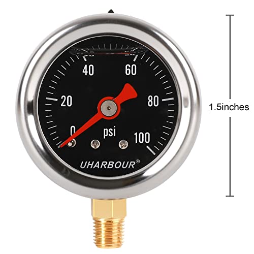 UHARBOUR Glycerin Filled Pressure Gauge with 304 Stainless Steel Case, 1-1/2" Black Dial, 0-100Psi, High Accuracy, 1/8" NPT Center Bottom Mount…… - Image 2