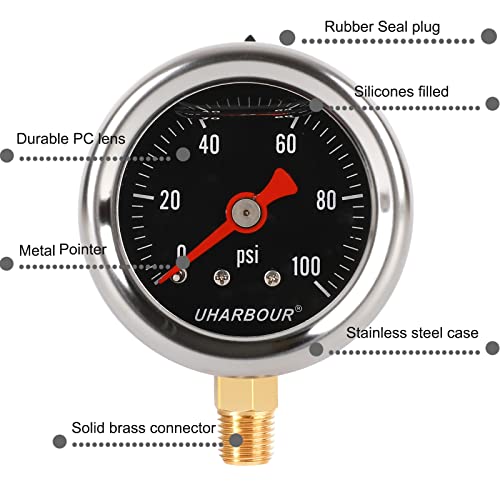UHARBOUR Glycerin Filled Pressure Gauge with 304 Stainless Steel Case, 1-1/2" Black Dial, 0-100Psi, High Accuracy, 1/8" NPT Center Bottom Mount…… - Image 4