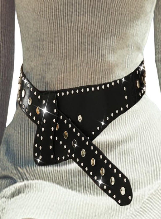Nicute Rivets Wide Belts Black Leather Punk Waist Belt Fashion Chunky Dress Belt for Women (Black) - Image 1