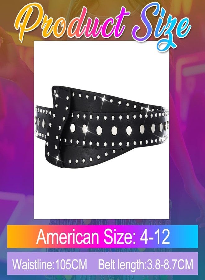 Nicute Rivets Wide Belts Black Leather Punk Waist Belt Fashion Chunky Dress Belt for Women (Black) - Image 2