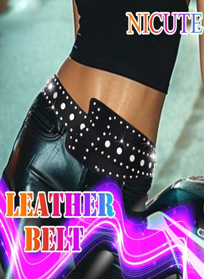 Nicute Rivets Wide Belts Black Leather Punk Waist Belt Fashion Chunky Dress Belt for Women (Black) - Image 3