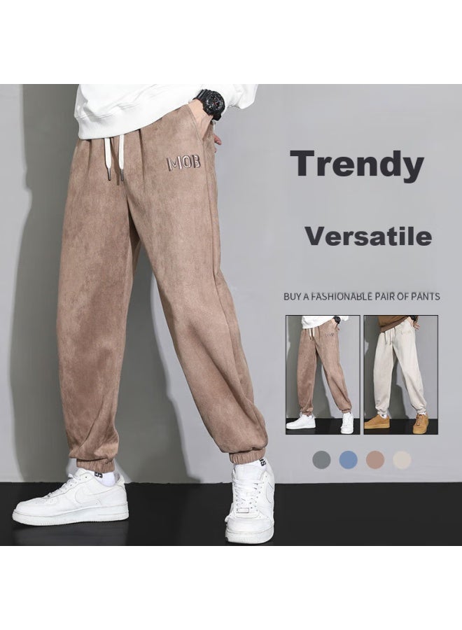 Dingfengbaoluo Suede Pants For Men, Spring Casual Trousers, Elastic Ankle, Loose Fit, Sporty Trendy Brand, Heavyweight K575, Coffee Color, Size M - Image 2