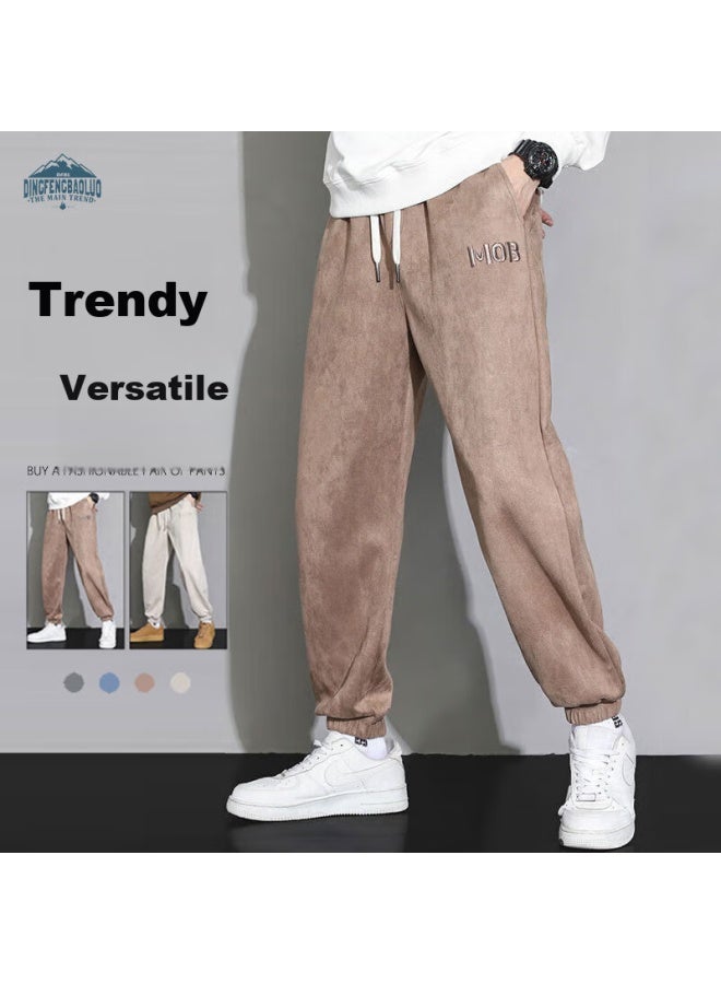 Dingfengbaoluo Suede Pants For Men, Spring Casual Trousers, Elastic Ankle, Loose Fit, Sporty Trendy Brand, Heavyweight K575, Coffee Color, Size M - Image 1