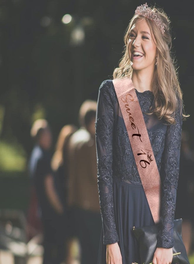 AOPRIE Birthday Sash & Crown - Rose Gold Tiara for Sweet 16 Girls & Women - Rhinestone Happy Birthday Accessory - Image 2