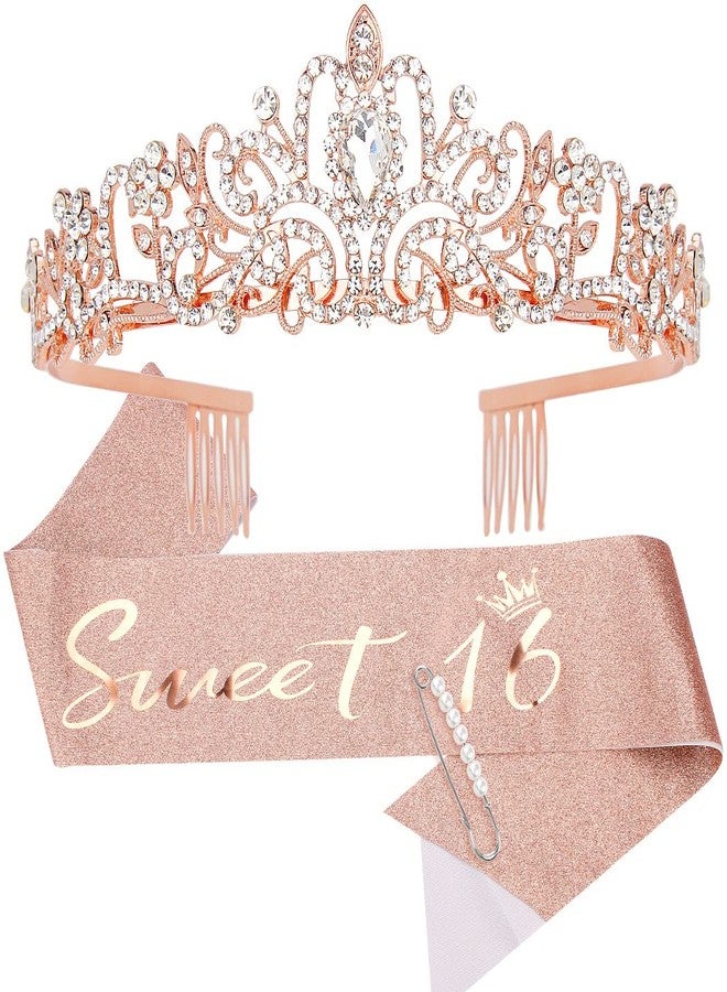 AOPRIE Birthday Sash & Crown - Rose Gold Tiara for Sweet 16 Girls & Women - Rhinestone Happy Birthday Accessory - Image 1