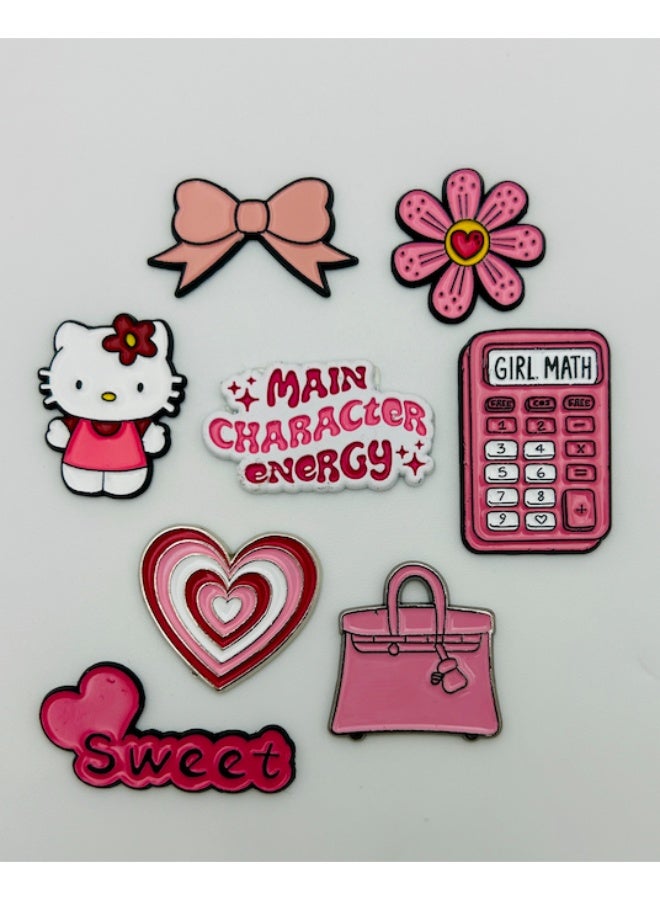 Hello Kitty 8 pieces of Metal stickers - MAIN CHARACTER ENERGY logo GIRL MATH Calculator and Hello Kitty logo and Heart logo and Daisy Flower logo and Luxury Handbag and Sweet Text logo Hair Bow logo- Premium Quality Metal for Mobile, Laptop, Backpacks and more. - Image 1