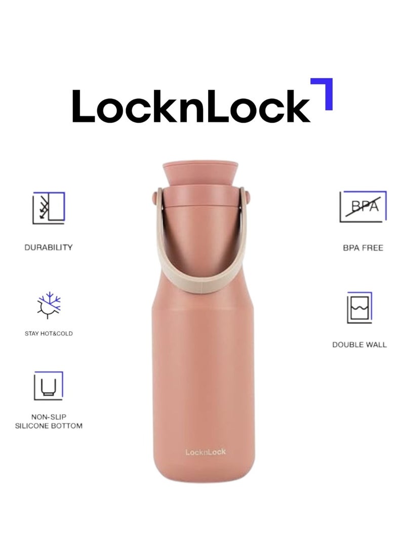 لوك آند لوك كوب مزدوج من الفولاذ المقاوم للصدأ من لوك لوك بسعة 470 مل - كوب سفر أنيق باللون الوردي مع حزام عملي - Image 1
