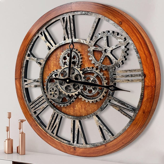 THE BSTYLE LARGE WALL CLOCK 24 INCH MOVING GEAR WALL CLOCK OVERSIZED VINTAGE FARMHOUSE WALL CLOCKS FOR LIVING ROOM DECOR RUSTIC INDUSTRIAL WOOD CLOCK BROWN AND BRONZE
