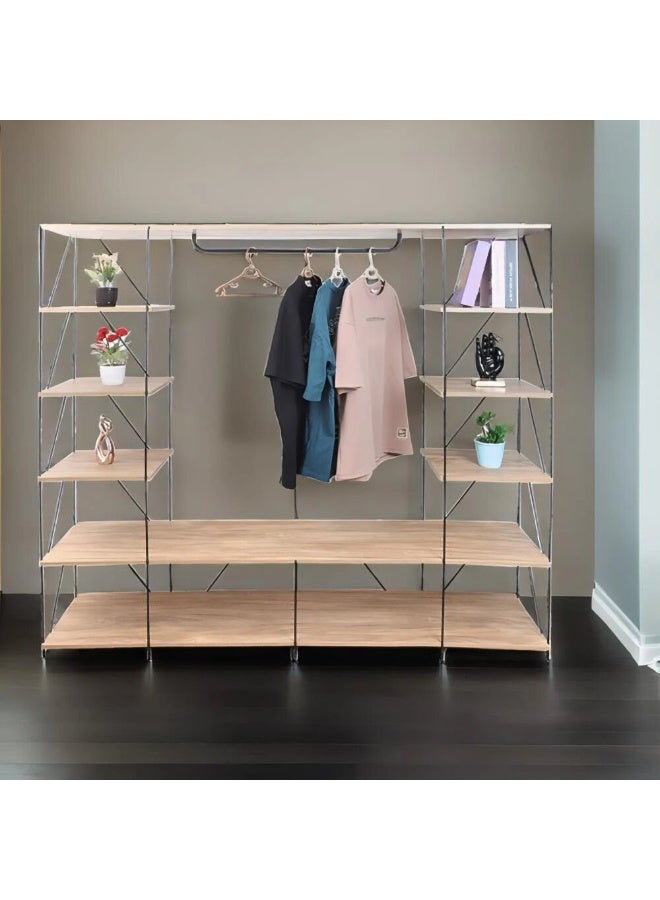 بيتي رفوف تخزين خشب ماليزي تصميم مفتوح 5 ادوار مع ستاندات تعليق بقاعدة معدن , لون خشبي - Image 1