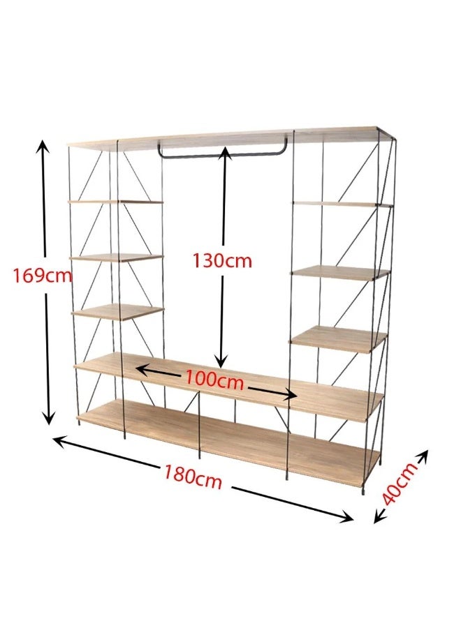 بيتي رفوف تخزين خشب ماليزي تصميم مفتوح 5 ادوار مع ستاندات تعليق بقاعدة معدن , لون خشبي - Image 5