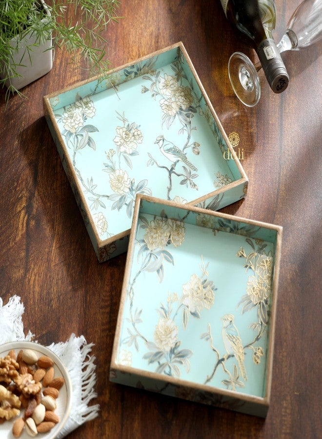 DULI Set of 2 MDF Wood Trays Enamel Coated| Square Trays Set of 2 | Serving Trays | Wooden Tray | Kitchen&Dining Decorative | Resin Tray | 9x9 & 8x8 inches (Setof2Square- AquaGoldBirds) - Image 2