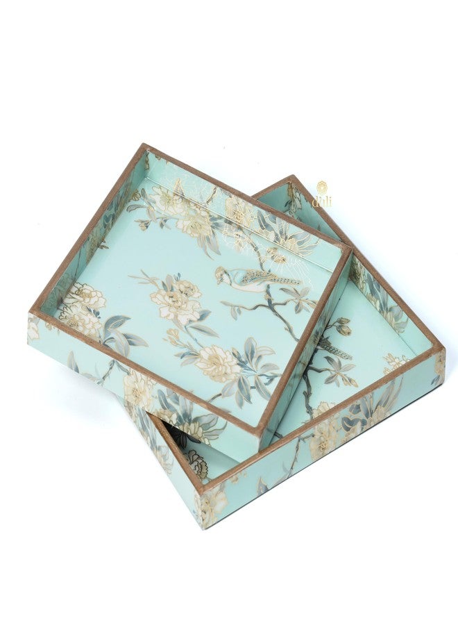 DULI Set of 2 MDF Wood Trays Enamel Coated| Square Trays Set of 2 | Serving Trays | Wooden Tray | Kitchen&Dining Decorative | Resin Tray | 9x9 & 8x8 inches (Setof2Square- AquaGoldBirds) - Image 5