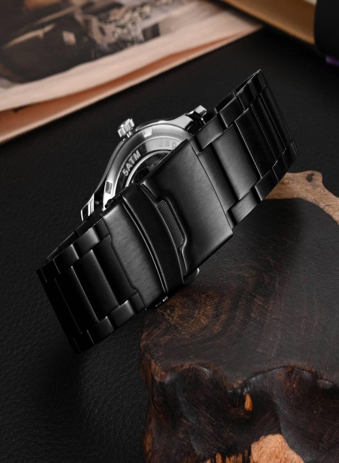 WOCCI 22mm Heavy Duty Metal Watch Strap for Men, 316L Stainless Steel, Double Clasp Deployant Clasp (Black) - Image 2