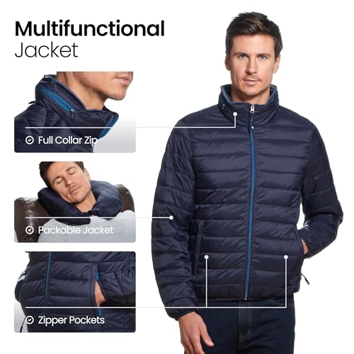 Weatherproof Men's Puffer Jacket, Lightweight Alternative Down Jacket with Packable Travel Neck Pillow, Travel-Ready Winter Jackets for Men, Water & Wind Resistant, Navy, Medium - Image 5