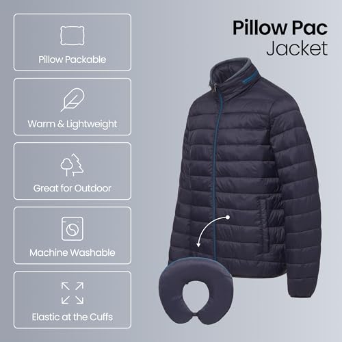 Weatherproof Men's Puffer Jacket, Lightweight Alternative Down Jacket with Packable Travel Neck Pillow, Travel-Ready Winter Jackets for Men, Water & Wind Resistant, Navy, Medium - Image 3