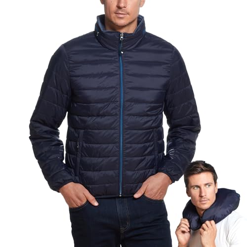 Weatherproof Men's Puffer Jacket, Lightweight Alternative Down Jacket with Packable Travel Neck Pillow, Travel-Ready Winter Jackets for Men, Water & Wind Resistant, Navy, Medium - Image 1
