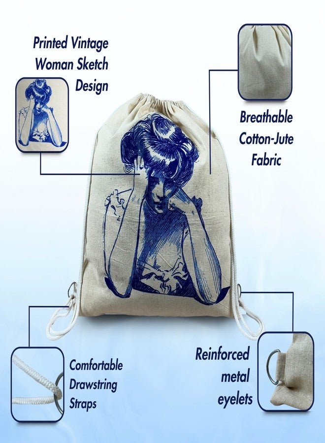 Madosh Pack of 2 Eco-Friendly Cotton Jute Drawstring Bags - Vintage Woman Sketch Print | Backpack for Shopping, Gym, Beach, Cycling & Travel (18x16 inches) - Image 3